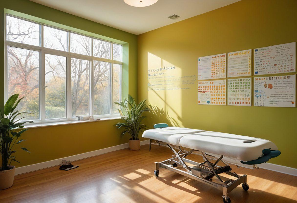 A serene therapy room featuring a gentle light filtering through large windows, a comfortable therapy table, and a wall adorned with motivational quotes. A therapist is demonstrating Bobath techniques with a patient recovering from a neurological condition, while colorful infographics about neurorehabilitation are displayed softly in the background. The atmosphere is calming and hopeful. super-realistic. vibrant colors. soft focus.