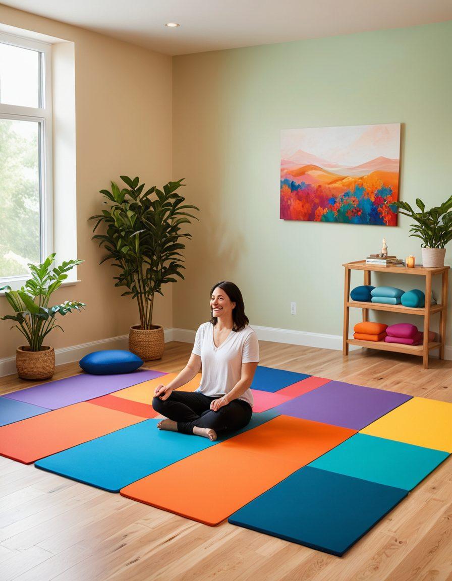 A serene therapy room with a diverse group of people of different ages engaged in Bobath therapy exercises, showcasing interaction between therapist and clients. Include vibrant colored mats and props, emphasizing movement and support. Highlight expressions of joy and transformation, with soft natural light filtering through. super-realistic. vibrant colors. warmth.