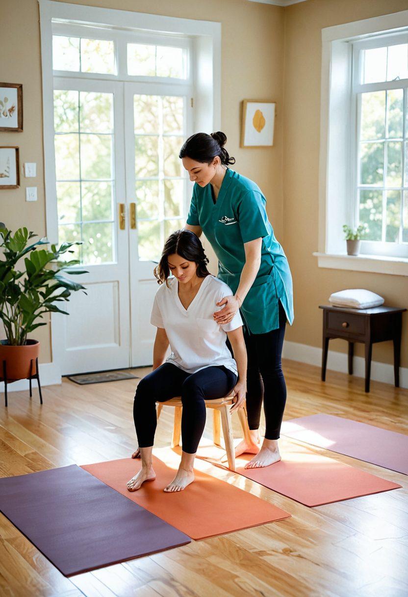 A serene therapy room featuring a therapist guiding a patient through Bobath Therapy exercises, with a focus on fluid movements and gentle touch. Soft natural lighting enhances the calm atmosphere, while colorful therapy mats and props are scattered around to symbolize movement and rehabilitation. Capture the essence of connection and progress, with visual elements that represent balance and support. painting. warm colors. soft focus.